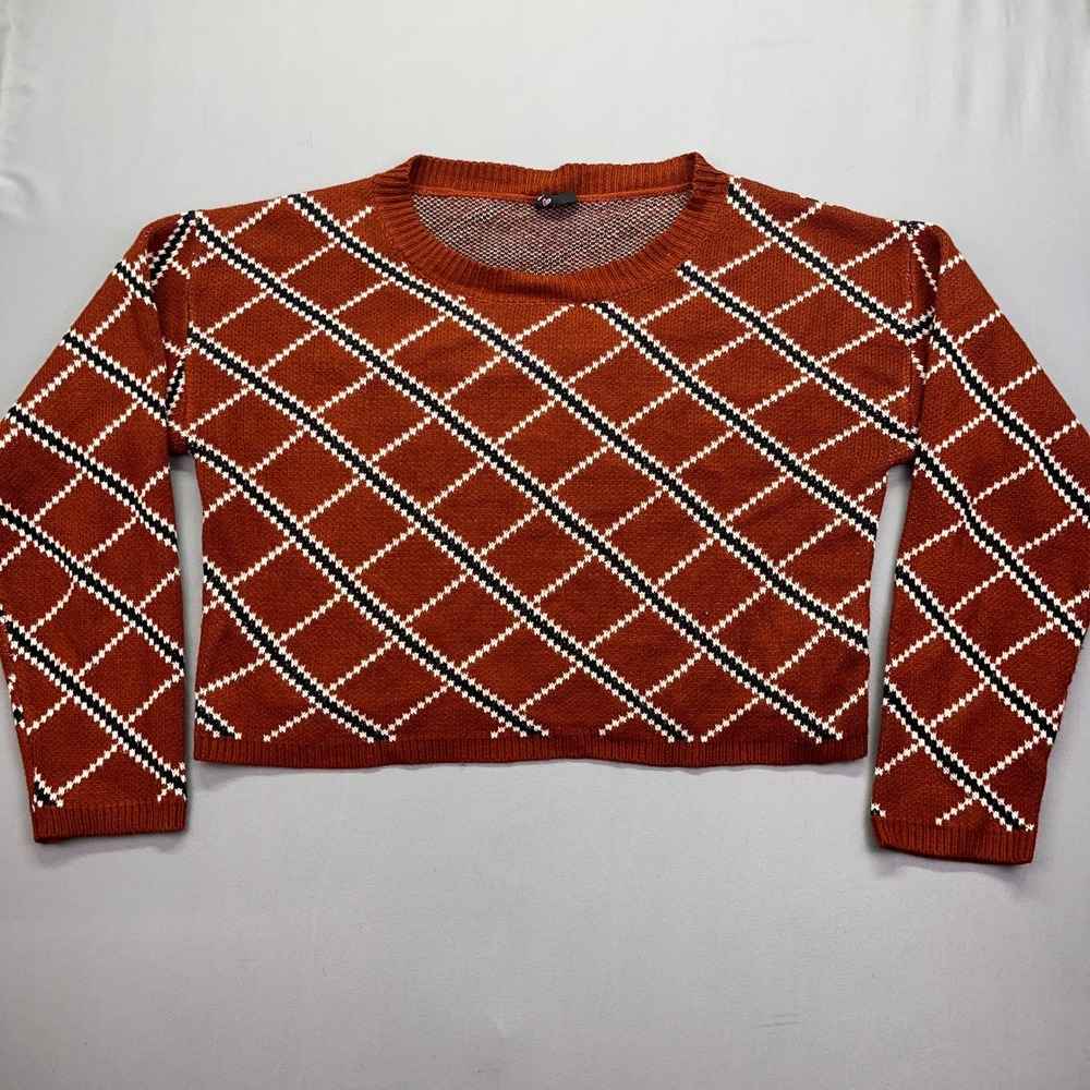 Argyle Sweater Cropped Knit Pullover Long Sleeve Top Fall Fashion L Boho Aztec